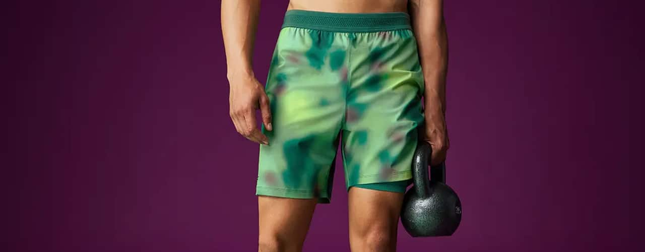 man holding kettlebell in Fabletics shorts