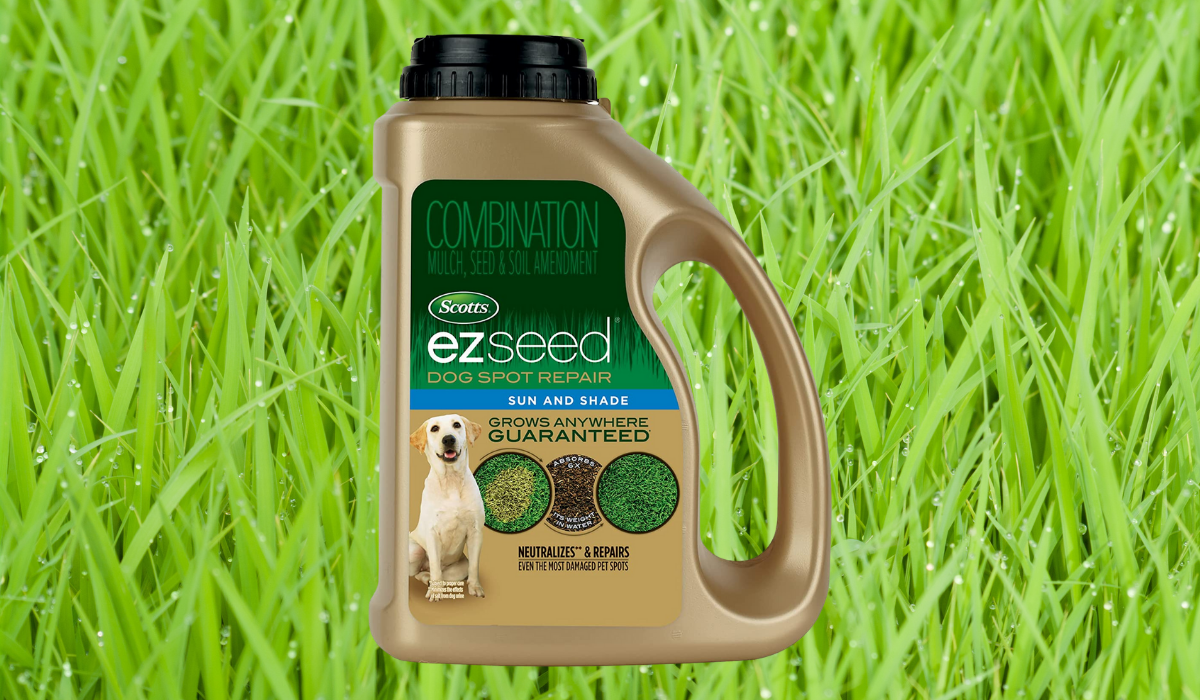 Gold bottle of Scott's EZ Seed with a yellow lab on the label