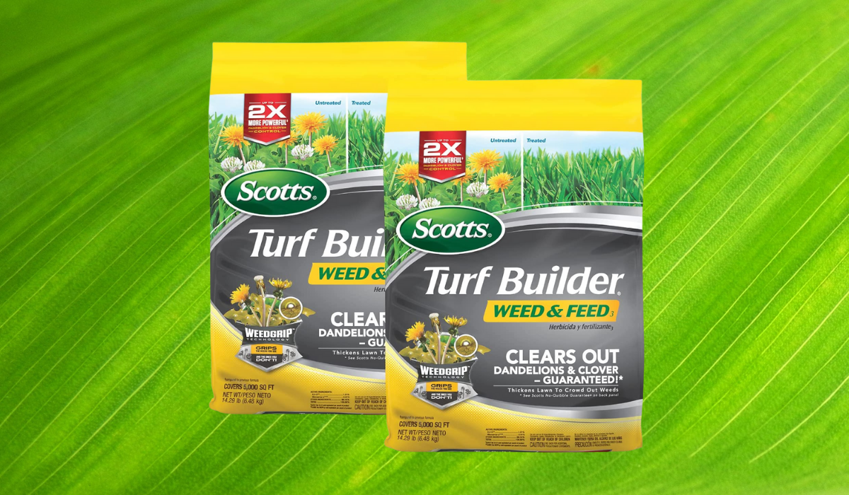 2 yellow bags of Scott's Turf Builder against a green leaf background