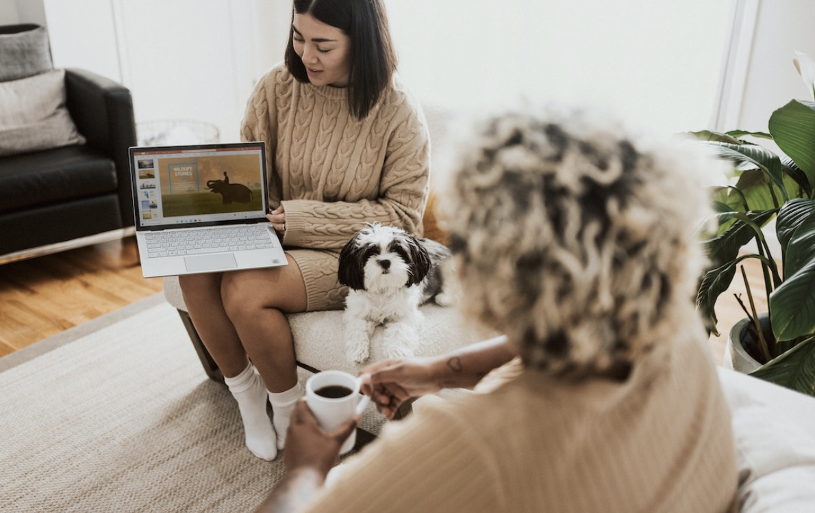 Person showing another person photos on a laptop.