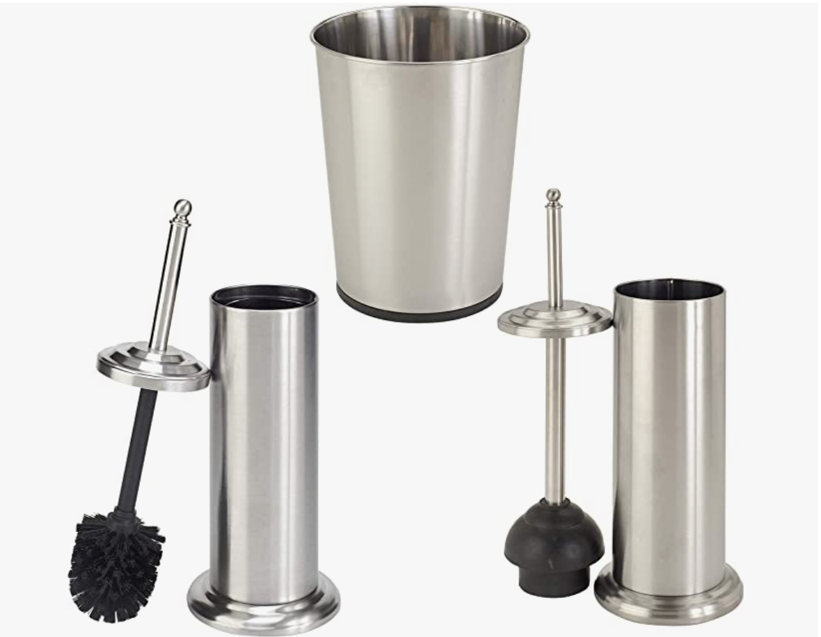 Toilet brush and holder, trash can, and plunger set.